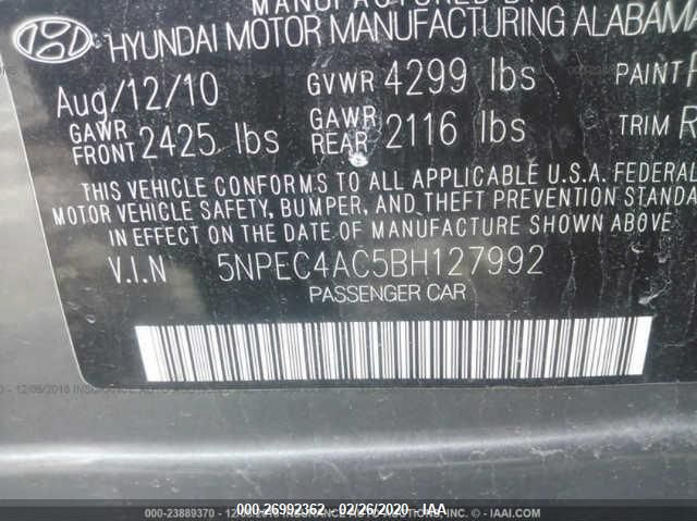 5NPEC4AC5BH127992 - 2011 HYUNDAI SONATA SE/LIMITED Gray photo 9