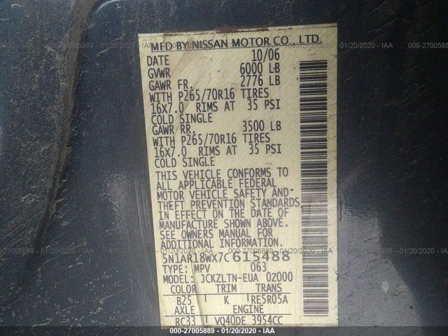 5N1AR18WX7C615488 - 2007 NISSAN PATHFINDER LE/SE/XE Blue photo 9