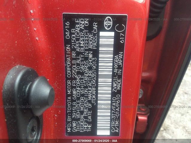 JTDKARFU9G3519013 - 2016 TOYOTA PRIUS  Red photo 9