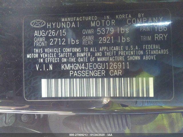 KMHGN4JE0GU126911 - 2016 HYUNDAI GENESIS 3.8L Black photo 9