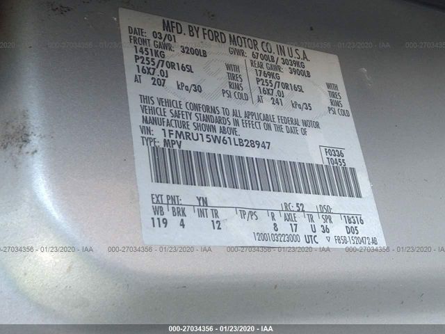 1FMRU15W61LB28947 - 2001 FORD EXPEDITION XLT Silver photo 9