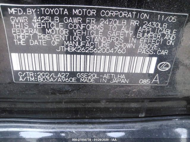 JTHBK262562004760 - 2006 LEXUS IS 250 Black photo 9