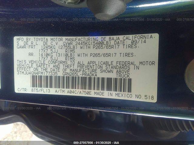 3TMJU4GN4FM177335 - 2015 TOYOTA TACOMA DOUBLE CAB PRERUNNER Blue photo 9