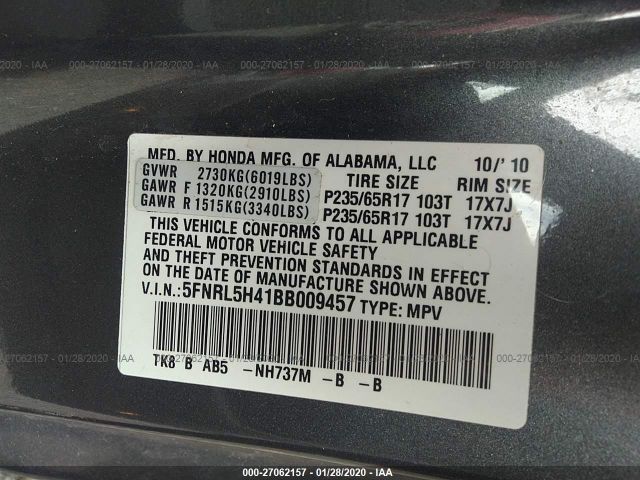 5FNRL5H41BB009457 - 2011 HONDA ODYSSEY EX Gray photo 9