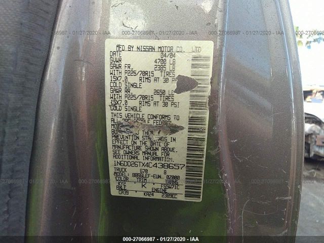 1N6DD26TX4C438657 - 2004 NISSAN FRONTIER KING CAB XE Gray photo 9