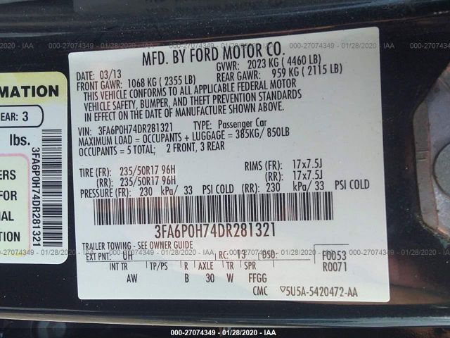 3FA6P0H74DR281321 - 2013 FORD FUSION SE Black photo 9