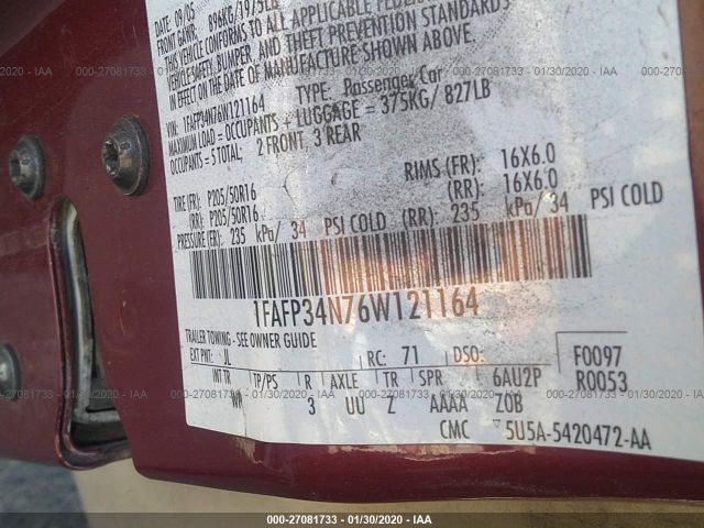 1FAFP34N76W121164 - 2006 FORD FOCUS ZX4 Burgundy photo 9