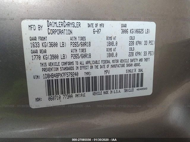 1D8HB48PX7F579240 - 2007 DODGE DURANGO SLT Beige photo 9