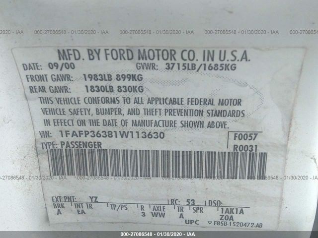 1FAFP36381W113630 - 2001 FORD FOCUS SE/SE COMFORT White photo 9