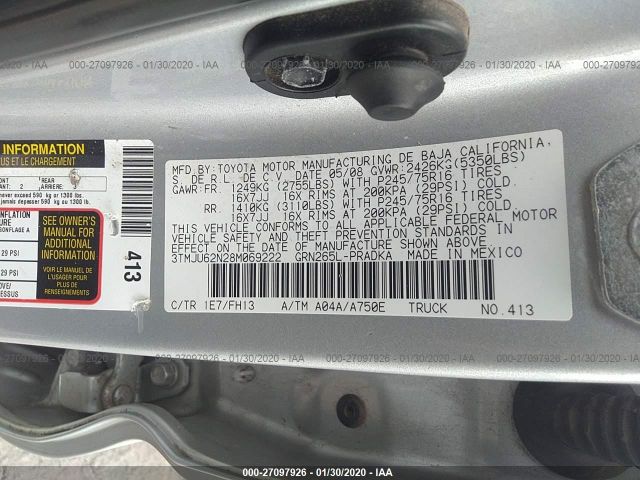 3TMJU62N28M069222 - 2008 TOYOTA TACOMA DOUBLE CAB PRERUNNER Silver photo 9