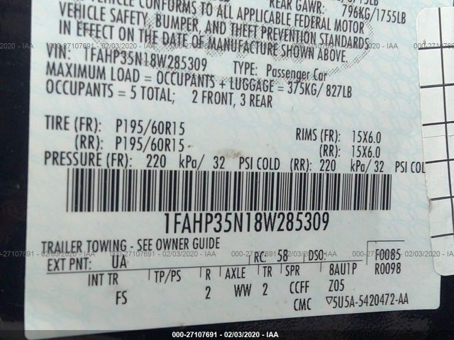 1FAHP35N18W285309 - 2008 FORD FOCUS SE/SEL/SES Black photo 9