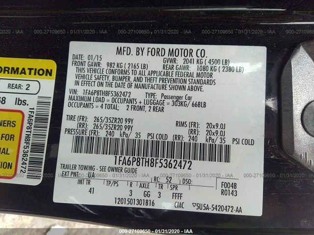 1FA6P8TH8F5362472 - 2015 FORD MUSTANG  Black photo 9