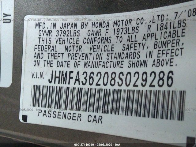 JHMFA36208S029286 - 2008 HONDA CIVIC HYBRID Brown photo 9