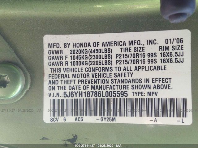 5J6YH18786L005595 - 2006 HONDA ELEMENT EX Green photo 9