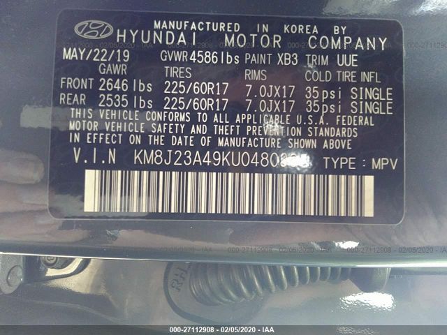 KM8J23A49KU048038 - 2019 HYUNDAI TUCSON SE Gray photo 9