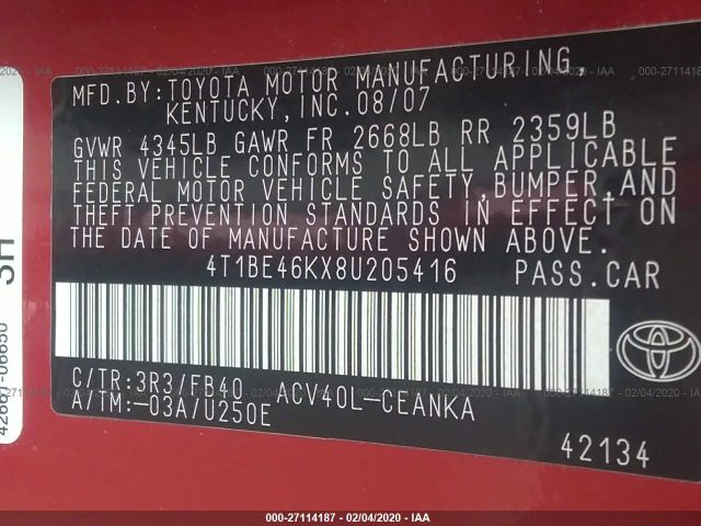 4T1BE46KX8U205416 - 2008 TOYOTA CAMRY CE/LE/XLE/SE Red photo 9