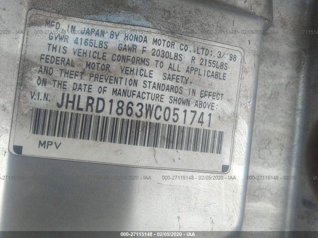 JHLRD1863WC051741 - 1998 HONDA CR-V EX Silver photo 9