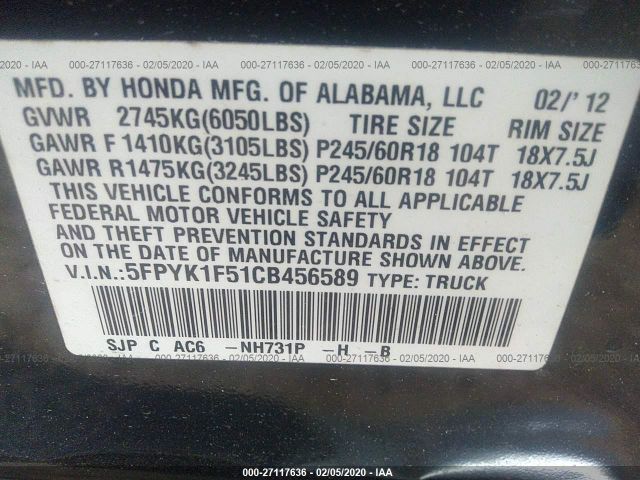 5FPYK1F51CB456589 - 2012 HONDA RIDGELINE RTL Black photo 9