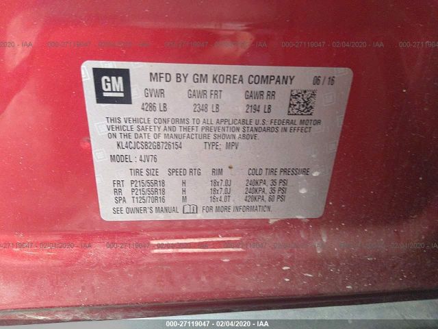 KL4CJCSB2GB726154 - 2016 BUICK ENCORE  Red photo 9