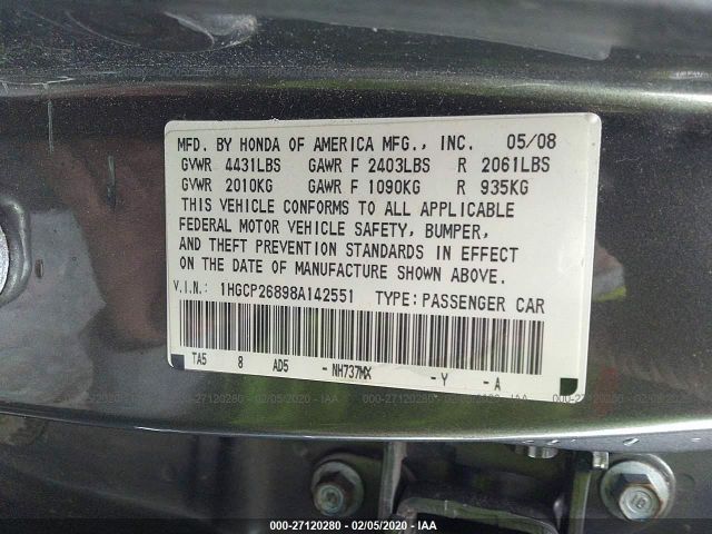 1HGCP26898A142551 - 2008 HONDA ACCORD EXL Gray photo 9