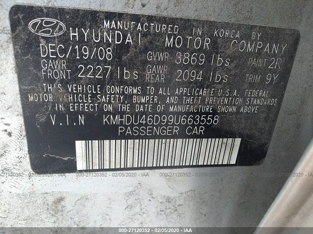 KMHDU46D99U663558 - 2009 HYUNDAI ELANTRA GLS/SE Silver photo 9