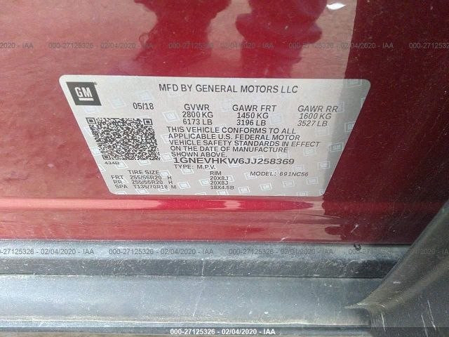 1GNEVHKW6JJ258369 - 2018 CHEVROLET TRAVERSE LT Red photo 9