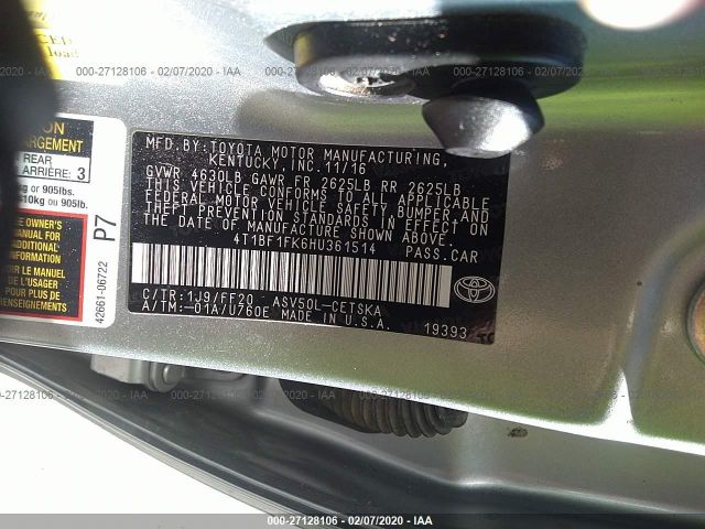 4T1BF1FK6HU361514 - 2017 TOYOTA CAMRY LE/XLE/SE/XSE Silver photo 9