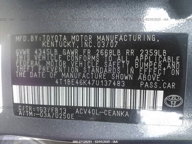 4T1BE46K47U137483 - 2007 TOYOTA CAMRY CE/LE/XLE/SE Gray photo 9