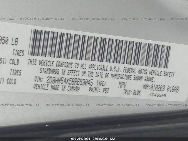 2D8HN54X58R693045 - 2008 DODGE GRAND CARAVAN SXT Silver photo 9