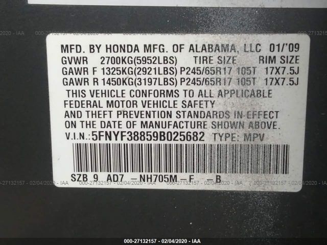 5FNYF38859B025682 - 2009 HONDA PILOT TOURING Gray photo 9