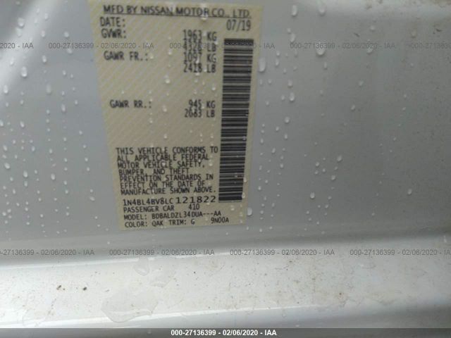 1N4BL4BV8LC121822 - 2020 NISSAN ALTIMA S White photo 9