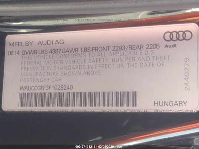 WAUCCGFF3F1028240 - 2015 AUDI A3 PREMIUM PLUS 黑色 照片 9