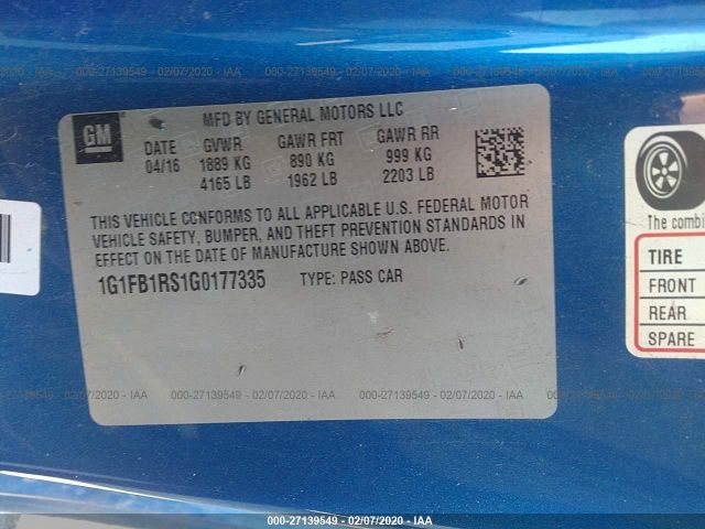 1G1FB1RS1G0177335 - 2016 CHEVROLET CAMARO LT Mavi foto 9