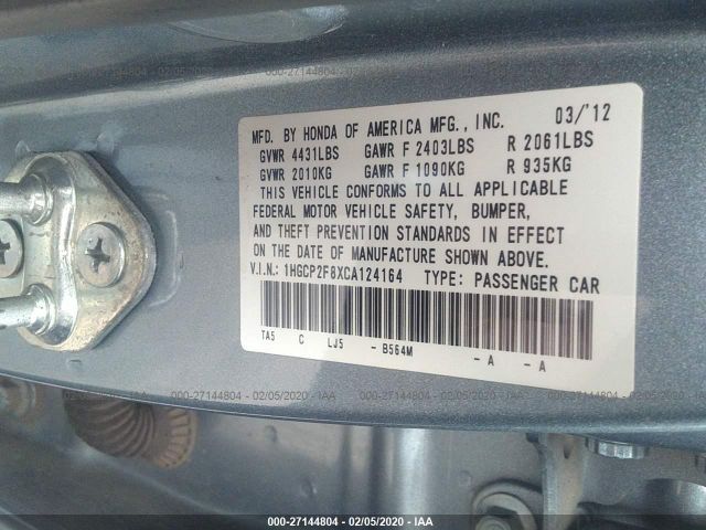 1HGCP2F8XCA124164 - 2012 HONDA ACCORD EXL Light Blue photo 9