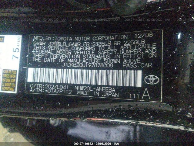 JTDKB20U197878008 - 2009 TOYOTA PRIUS  Black photo 9