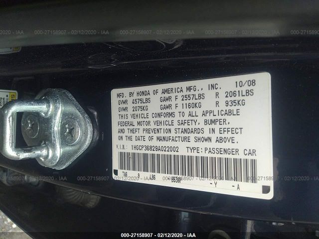 1HGCP36829A022002 - 2009 HONDA ACCORD EXL Blue photo 9