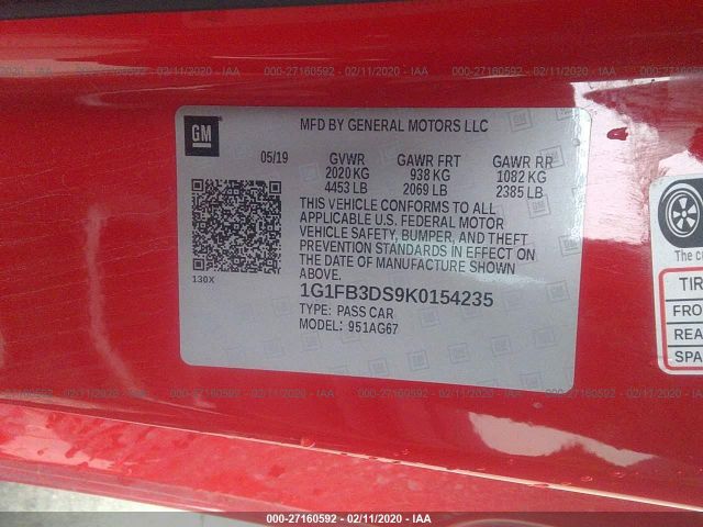 1G1FB3DS9K0154235 - 2019 CHEVROLET CAMARO LS/LT Red photo 9