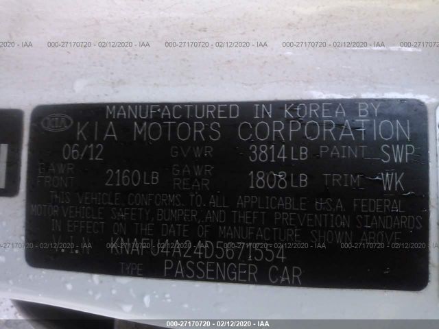 KNAFU4A24D5671554 - 2013 KIA FORTE EX White photo 9