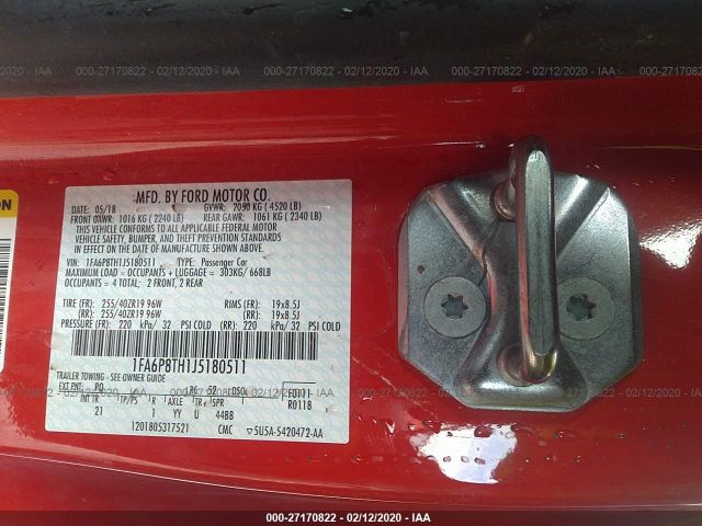 1FA6P8TH1J5180511 - 2018 FORD MUSTANG  Red photo 9