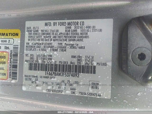 1FA6P8AM3F5374092 - 2015 FORD MUSTANG  Silver photo 9
