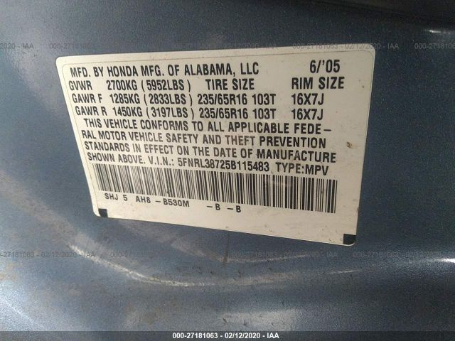 5FNRL38725B115483 - 2005 HONDA ODYSSEY EXL Blue photo 9