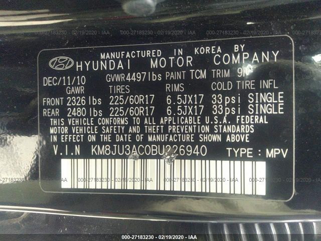 KM8JU3AC0BU226940 - 2011 HYUNDAI TUCSON GLS/LIMITED 黑色 照片 9