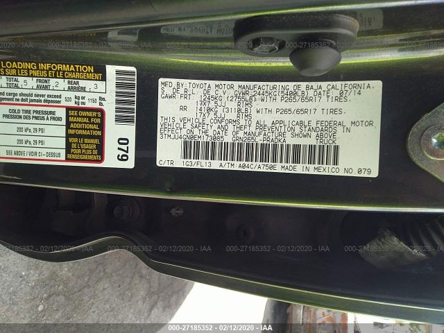 3TMJU4GN0EM173085 - 2014 TOYOTA TACOMA DOUBLE CAB PRERUNNER Gray photo 9