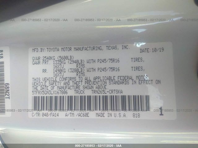 5TFRX5GN3LX167806 - 2020 TOYOTA TACOMA ACCESS CAB/SR/SR5 White photo 9