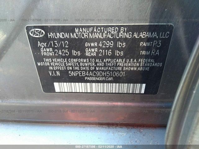 5NPEB4AC9DH510601 - 2013 HYUNDAI SONATA GLS Gray photo 9