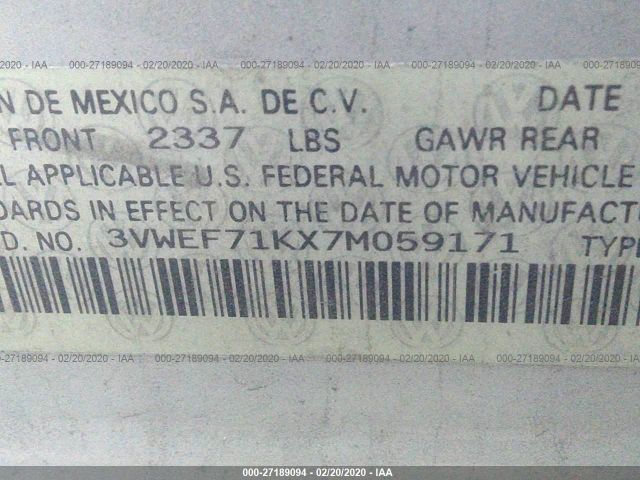 3VWEF71KX7M059171 - 2007 VOLKSWAGEN JETTA WOLFSBURG 银色 照片 9