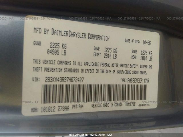 2B3KA43R97H672427 - 2007 DODGE CHARGER SE/SXT Gray photo 9