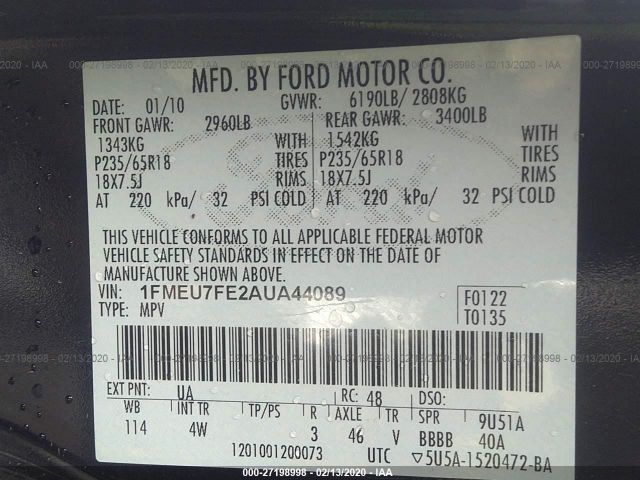 1FMEU7FE2AUA44089 - 2010 FORD EXPLORER LIMITED Black photo 9