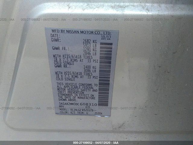 5N1AR2MM3DC608310 - 2013 NISSAN PATHFINDER S/SV/SL/PLATINUM Silver photo 9