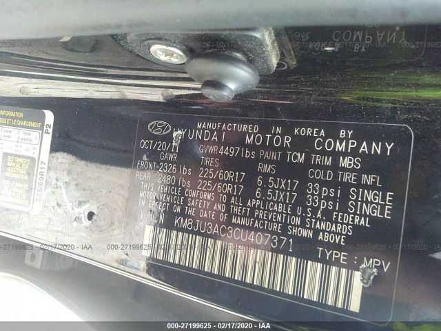 KM8JU3AC3CU407371 - 2012 HYUNDAI TUCSON GLS/LIMITED 黑色 照片 9